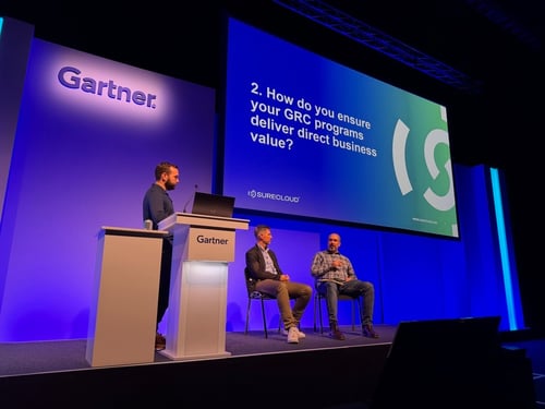 SureCloud’s Chief Product Officer Matthew Davies speaking during the Gartner 2025 session on intelligent automation in GRC with industry panellists