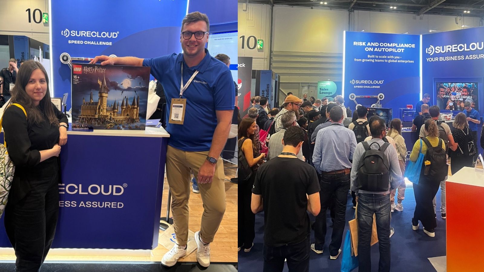 SureCloud team members at Infosecurity Europe 2025, standing next to a prize draw with a packed booth area in the background. 