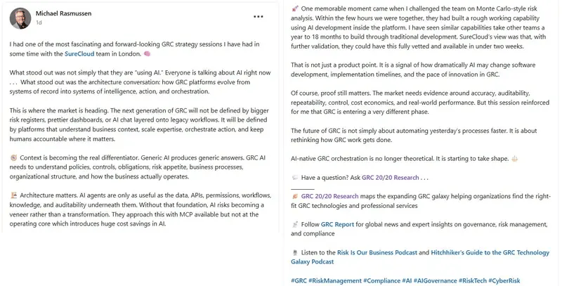 Michael Rasmussen, GRC 20/20 Research, on the future of GRC architecture — LinkedIn, May 2026